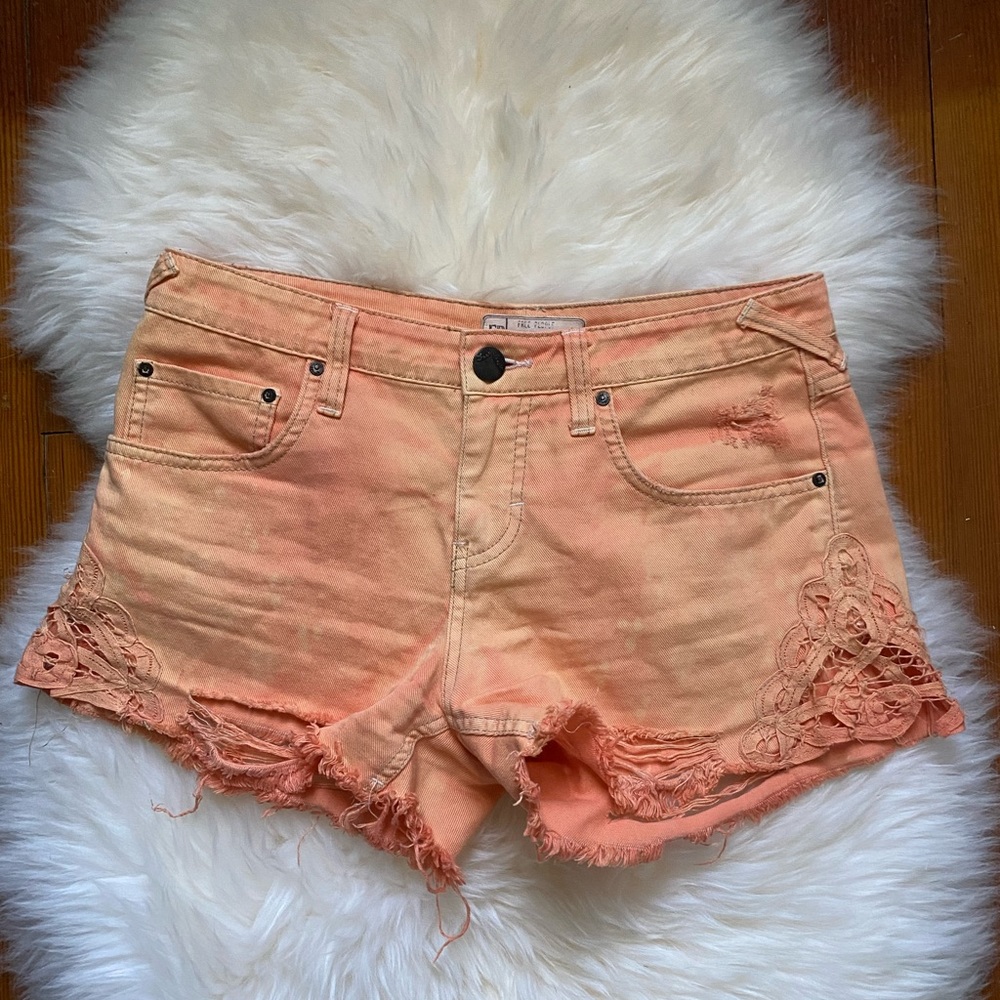 Free People Orange Denim Shorts with Lace, size 26